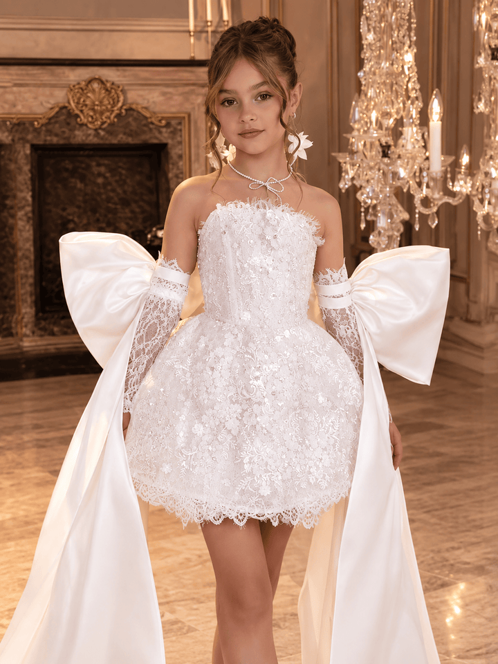 Ivory / 3m Sunnypetal Dreamy Light Blue Lace Flower Girl Dress with Oversized Bows for Special Occasions