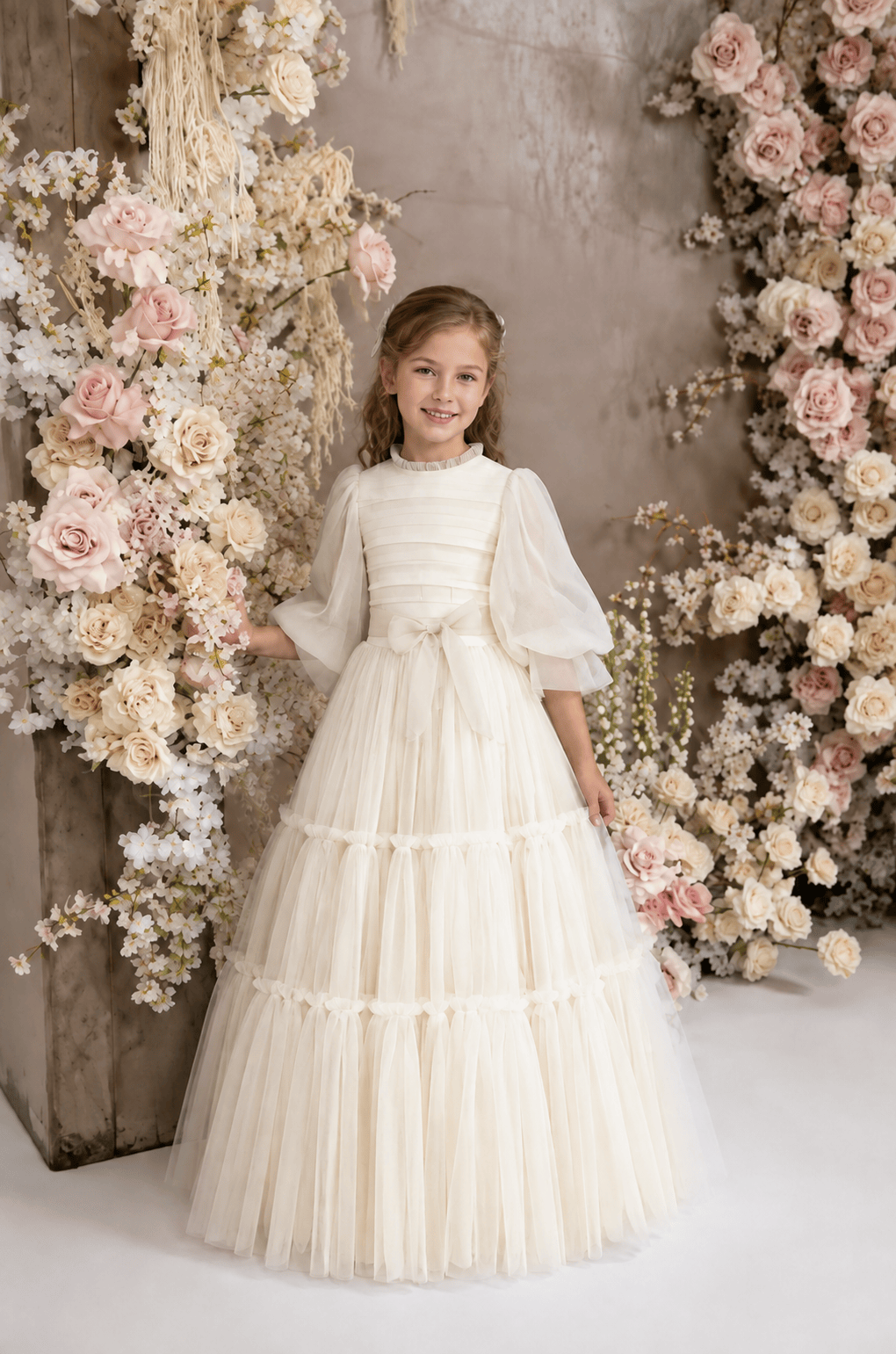 Ivory / 3m Sunnypetal Elegant Ivory Tiered Tulle First Communion Dress for Girls with Bow Waist