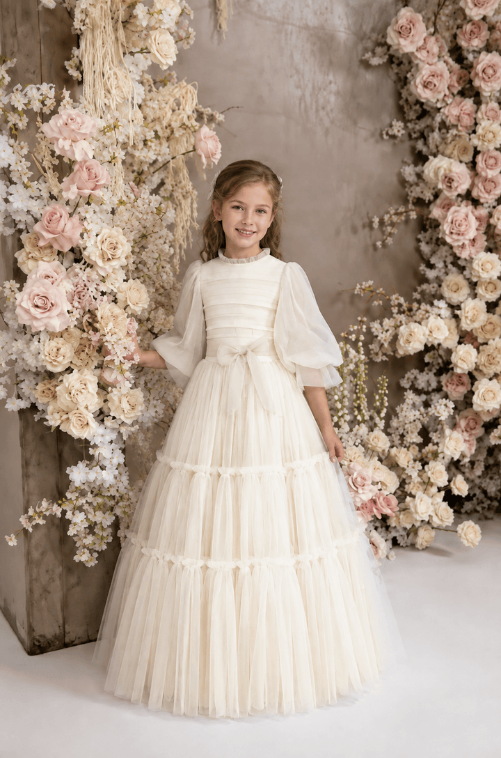 Ivory / 3m Sunnypetal Elegant Ivory Tiered Tulle First Communion Dress for Girls with Bow Waist