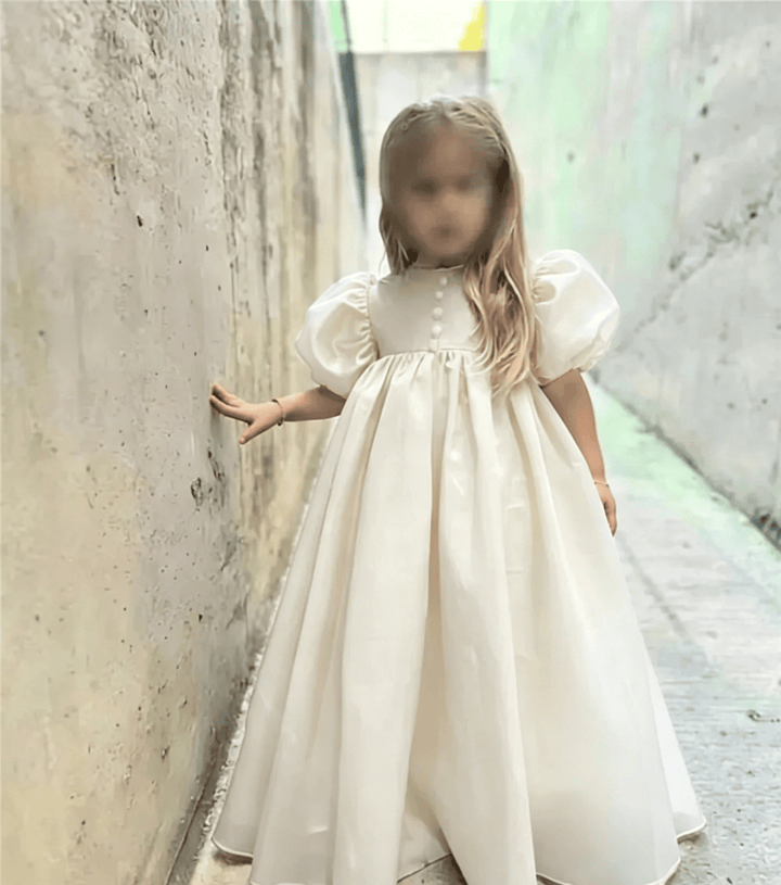 Ivory / 3m Sunnypetal Elegant Puffy Sleeve Satin Floor-Length Princess Flower Girl Dresses