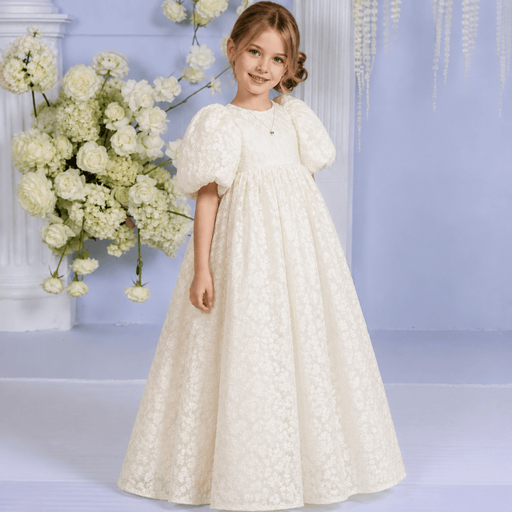 Ivory / 3m Sunnypetal Embroidery Hollow Out Lace Flower Girl Dresses Puff sleeves High Waisted Toddler Gowns