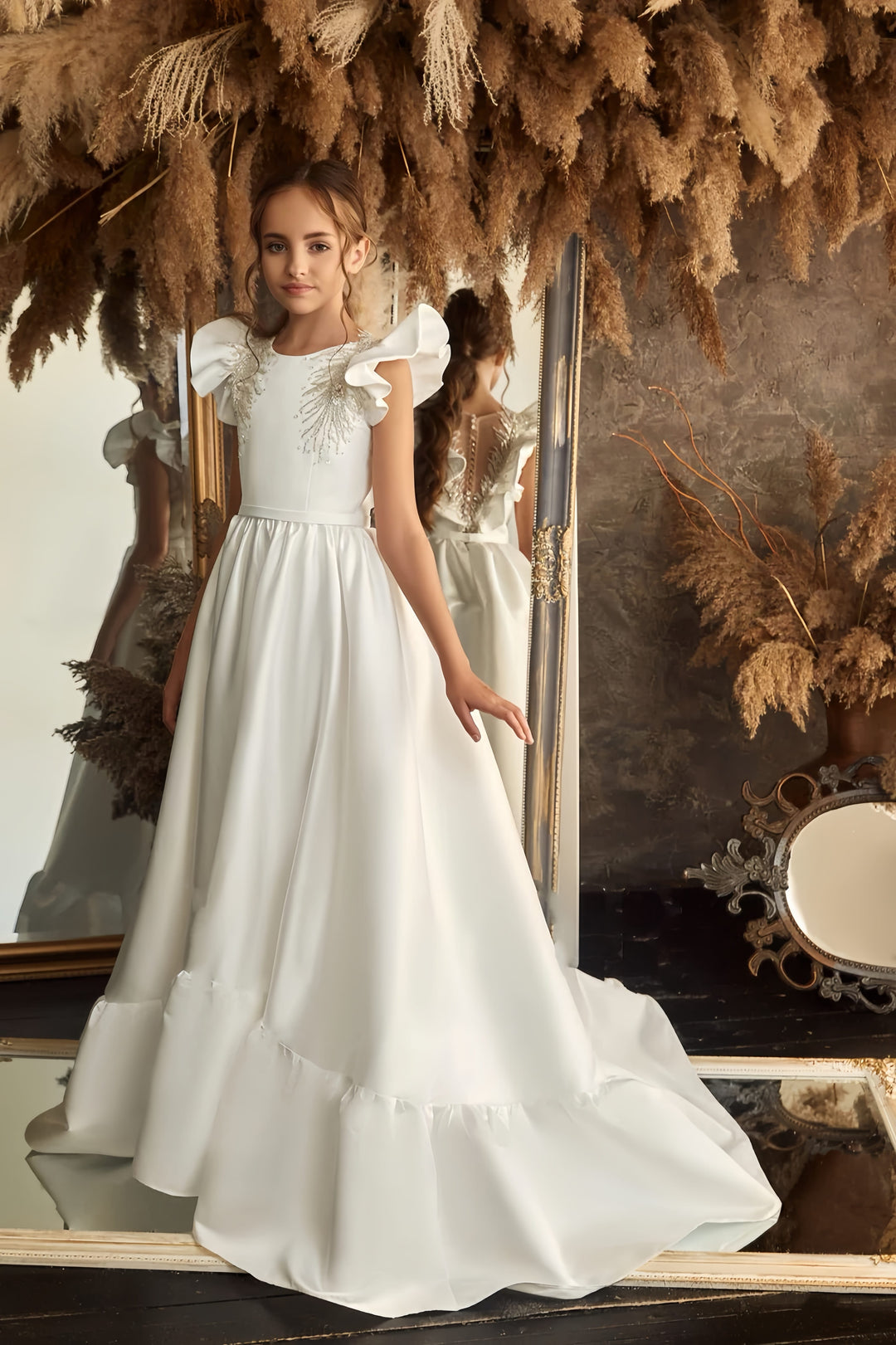 Ivory / 3m Sunnypetal Exquisite Satin A-Line Floor-Length Flower Girl Dresses with a Flounce