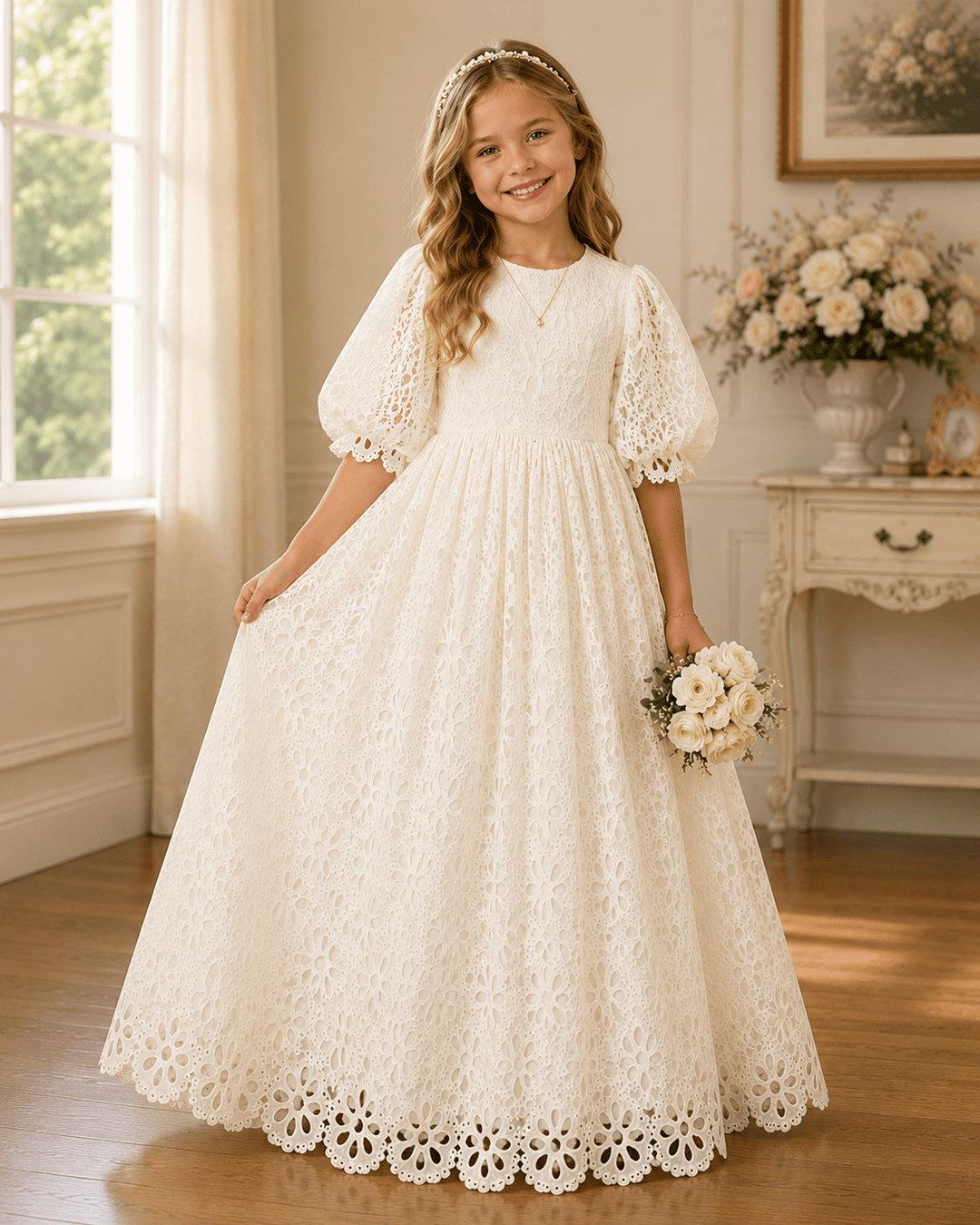 Ivory / 3m Sunnypetal High Waist Toddler Party Dresses Pretty Puff Sleeve Princess  Lace Flower Girl Dresses