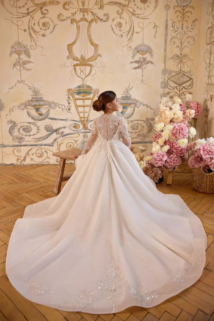 Ivory / 3m Sunnypetal Ivory Long Sleeve Lace Appliqué First Communion &amp; Flower Girl Dress
