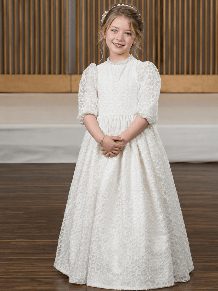Ivory / 3m Sunnypetal Little Daisy Lace Flower Girl Dress Puffy Balloon Sleeve High Neck Party Dress