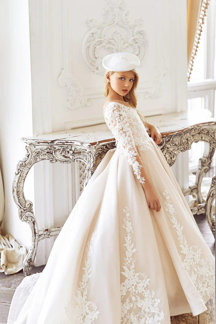 Ivory / 3m Sunnypetal Luxurious Ivory Long Sleeves Floral Lace Appliqués Communion Dress for Girls