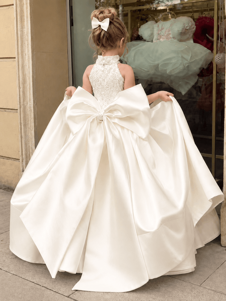 Ivory / 3m Sunnypetal Luxury Ivory Satin Flower Girl Dress with Embellished Bodice &amp; Oversized Bow