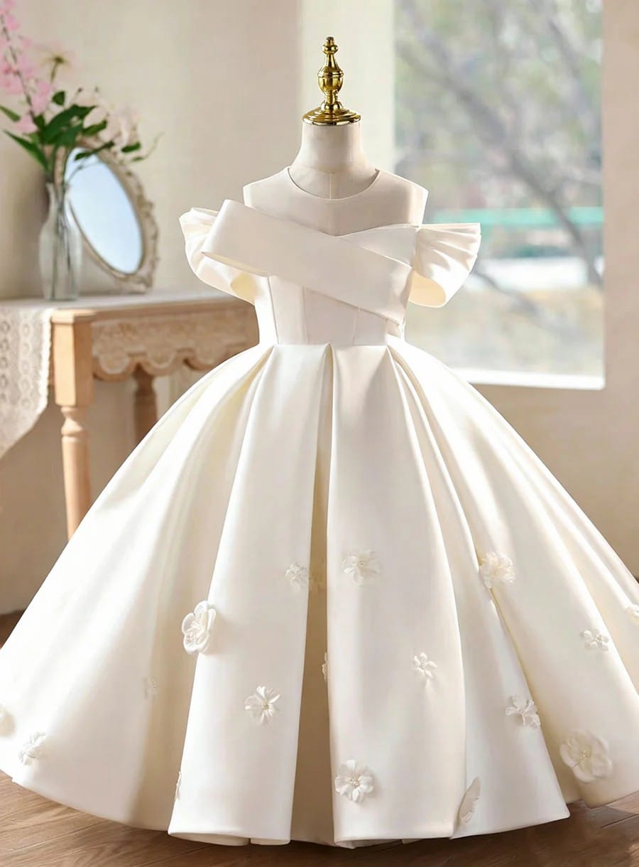 Ivory / 3m Sunnypetal Luxury Satin Off-Shoulder Flower Girl Dress with 3D Floral Details