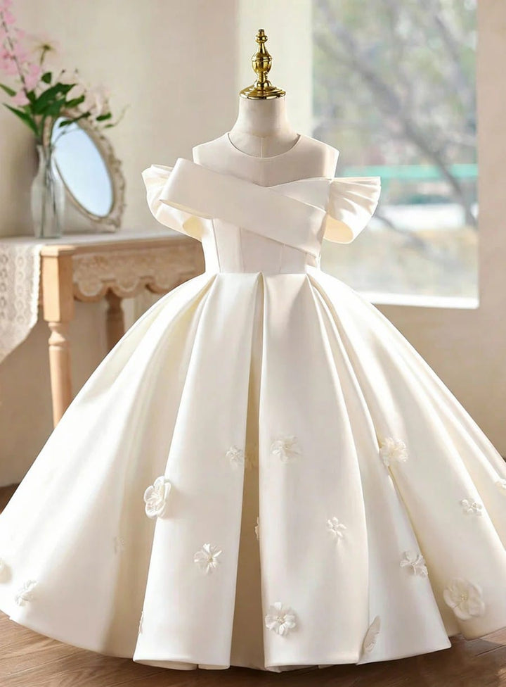 Ivory / 3m Sunnypetal Luxury Satin Off-Shoulder Flower Girl Dress with 3D Floral Details