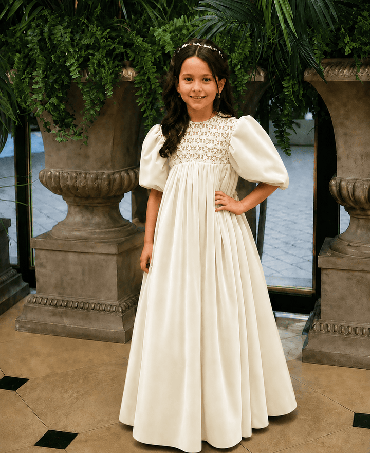 Ivory / 3m Sunnypetal Vintage Velvet Lace Puff Sleeve Flower Girl Dress Long Princess Gown