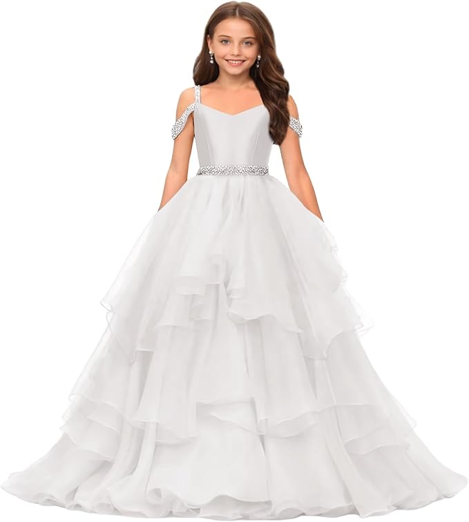 Ivory / 9m Sunnypetal Off-Shoulder Sweetheart Puffy Tulle Flower Girl Dress with Beaded Details