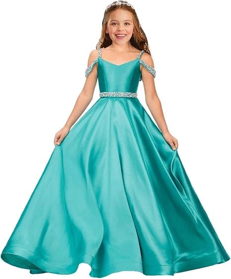 Jade Blue / 9m Sunnypetal Luxury Off-Shoulder Satin Rhinestone Flower Girl Princess Gown