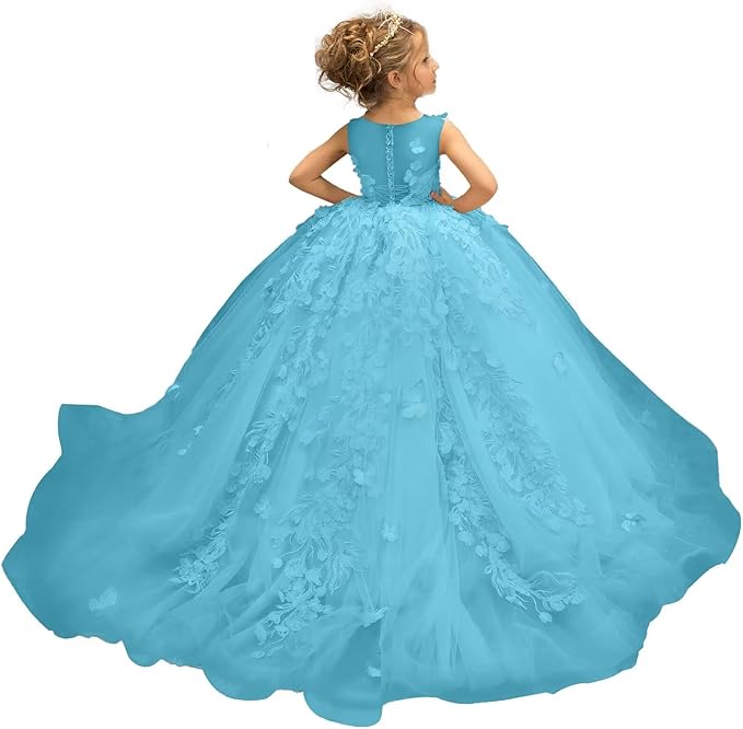 Lake Blue / 18m Sunnypetal Puffy Tulle Flower Girl Dress Appliques 3D Butterfly Pageant Party Princess Dresses