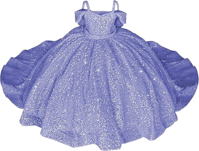 Lavender / 18m Sparkly Off-Shoulder Sequin Flower Girl Pageant Dress Princess Ball Gown with Bow