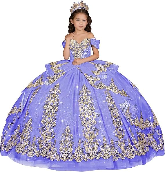 Lavender / 18m Sunnypetal Elegant Gold Appliqué Off-Shoulder Flower Girl Dress with Tassel Details