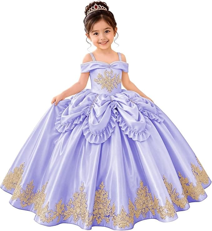 Lavender / 18m Sunnypetal Elegant Golden Satin Princess Flower Girl Dress with Bow