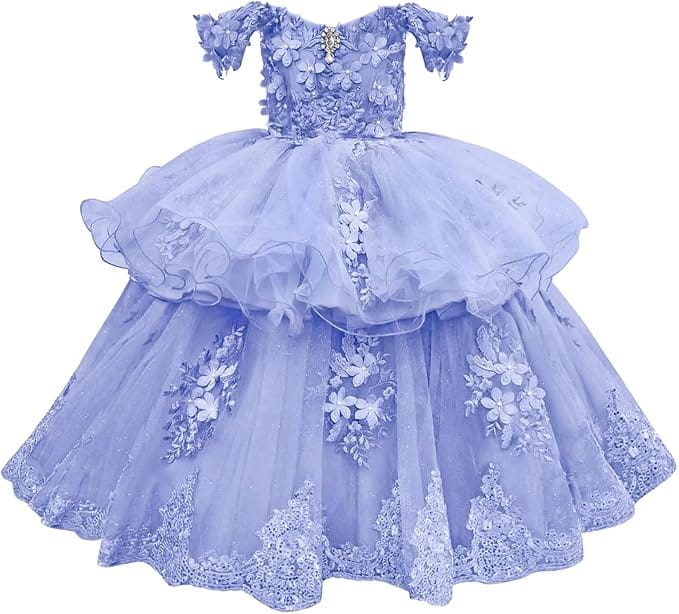 Lavender / 18m Sunnypetal Elegant Off-Shoulder Tulle Ball Gown Flower Girl Dress with 3D Floral Appliqués