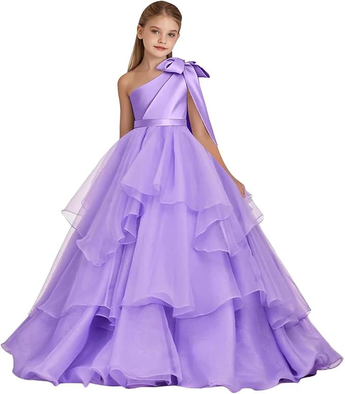 Lavender / 18m Sunnypetal Elegant One-Shoulder Satin Tulle Flower Girl Pageant Dress for Special Occasions