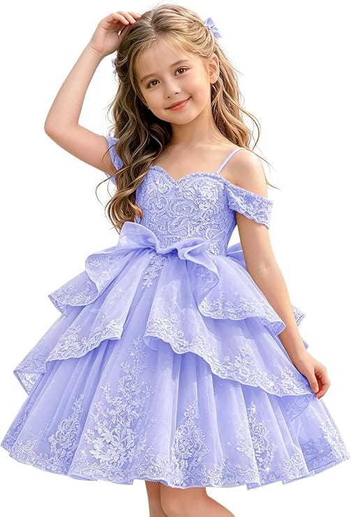 Lavender / 18m Sunnypetal Elegant Sweetheart Lace Applique Princess Bow Flower Girl Pageant Dress