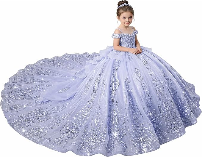 Lavender / 18m Sunnypetal Enchanted Blue Off-Shoulder Flower Girl Princess Ball Gown with Sparkling Appliqués