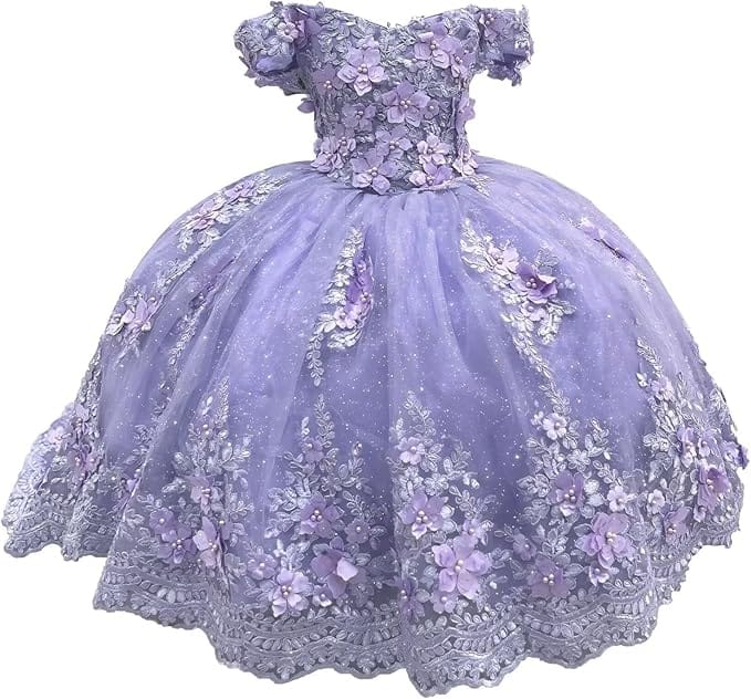 Lavender / 18m Sunnypetal Enchanted Ice Blue Tulle Ball Gown Flower Girl Dress with 3D Floral Appliqués