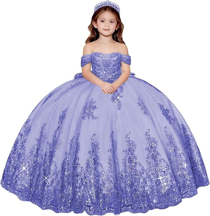 Lavender / 18m Sunnypetal Enchanted Off-Shoulder Tulle Ball Gown Flower Girl Dress with Lace Appliqués