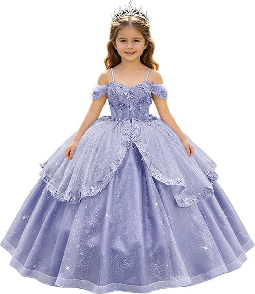 Lavender / 18m SunnyPetal Enchanted Sage Green Off-Shoulder Lace Appliqué Tulle Flower Girl Gown