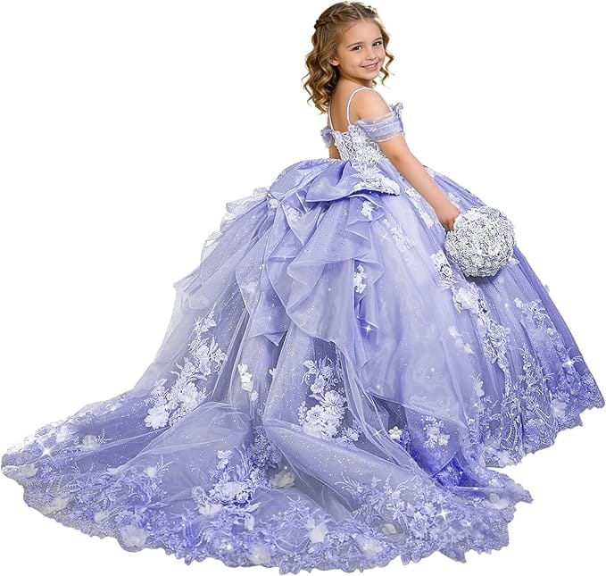 Lavender / 18m Sunnypetal Exquisite 3D Floral Lace Applique Ruffle Tulle Flower Girl Ball Gown with Bow