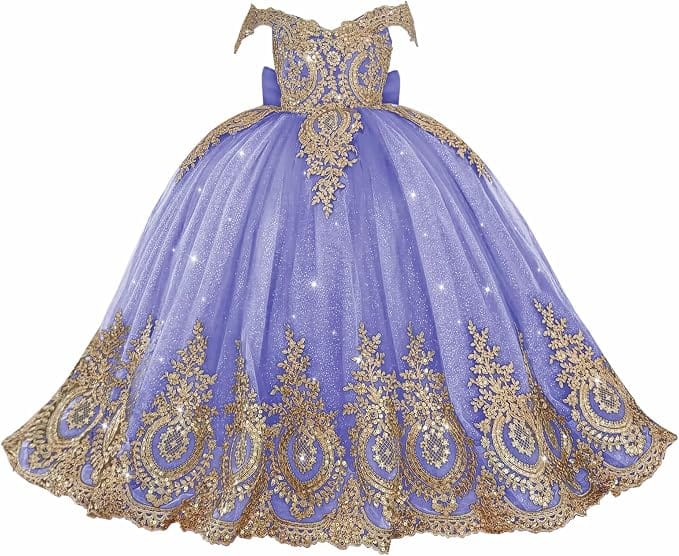 Lavender / 18m Sunnypetal Exquisite Gold Appliqué Off-Shoulder Princess Flower Girl Dress with Bow
