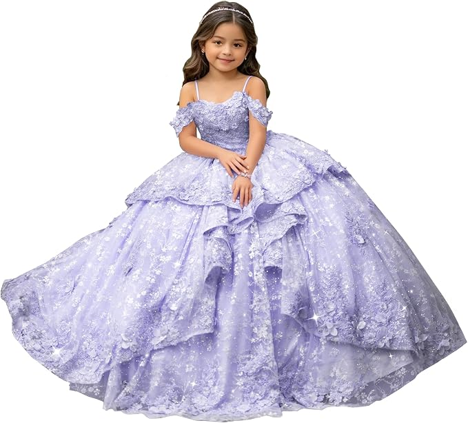 Lavender / 18m Sunnypetal Exquisite Off-Shoulder 3D Floral Appliqué Pageant Flower Girl Gown
