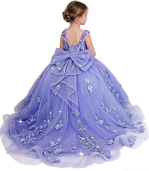 Lavender / 18m Sunnypetal Exquisite Off-Shoulder 3D Floral Glitter Tulle Ball Gown Flower Girl Dress with Bow