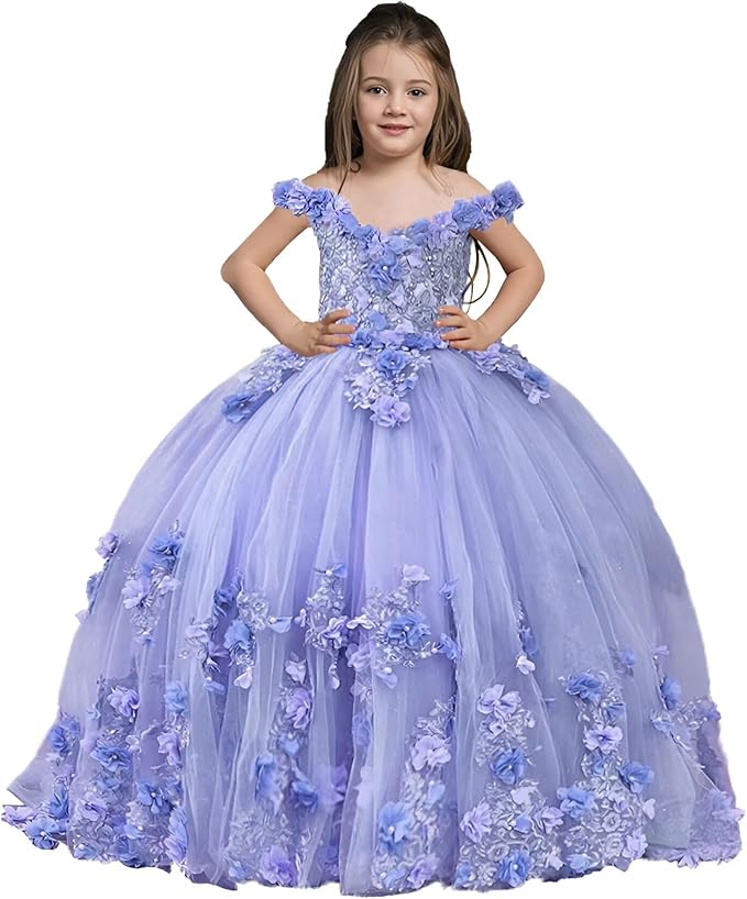 Lavender / 18m Sunnypetal Exquisite Off-Shoulder Tulle 3D Floral Flower Girl Princess Dress with Satin Bow