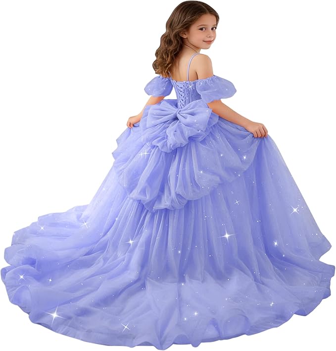 Lavender / 18m Sunnypetal Girls Spaghetti Strap Glitter Tulle Ball Gown with Lace Appliqués &amp; Bow