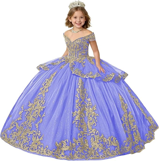 Lavender / 18m Sunnypetal Gold Applique Off Shoulder Flower Girl Dress with Tassels Crystal &amp; Bow