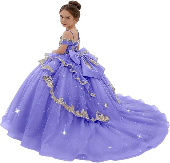 Lavender / 18m Sunnypetal Gold Sequin Lace Off-Shoulder Tulle Flower Girl Dress with Bow Detail