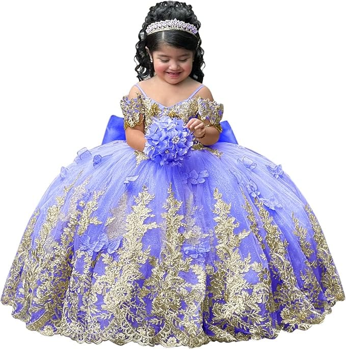 Lavender / 18m Sunnypetal Gorgeous Gold Appliqués Tulle Flower Girl Ball Gown with Bow and 3D Butterflies