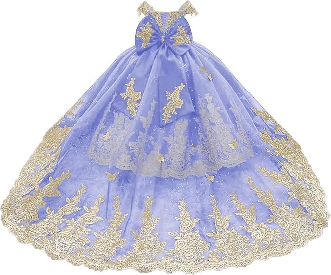 Lavender / 18m Sunnypetal Gorgeous Off-Shoulder Sweetheart Tulle Flower Girl Dress with Gold Embroidery