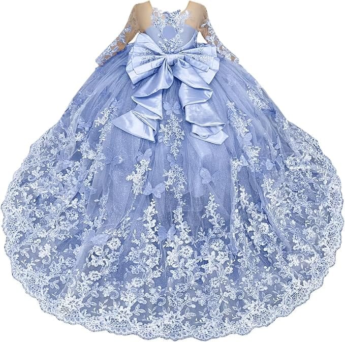Lavender / 18m Sunnypetal Lace Long Sleeve Ball Gown Flower Girl Dress with 3D Butterflies and Satin Bow