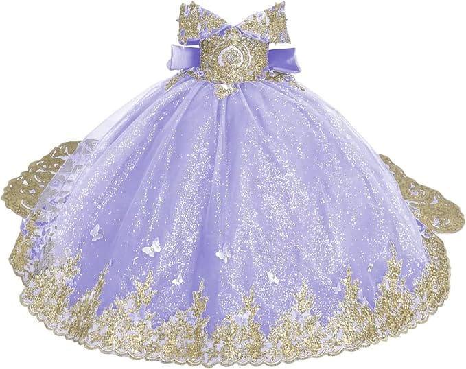 Lavender / 18m Sunnypetal Luxury Emerald Green Lace Appliqué Tulle Ball Gown Flower Girl Dress with Royal Train