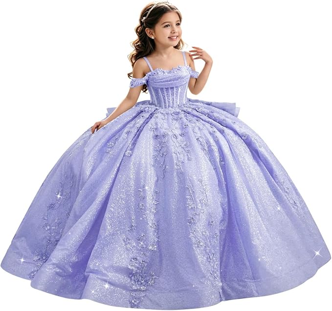 Lavender / 18m Sunnypetal Luxury Glitter Tulle Off-Shoulder Ball Gown Flower Girl Dress with Train