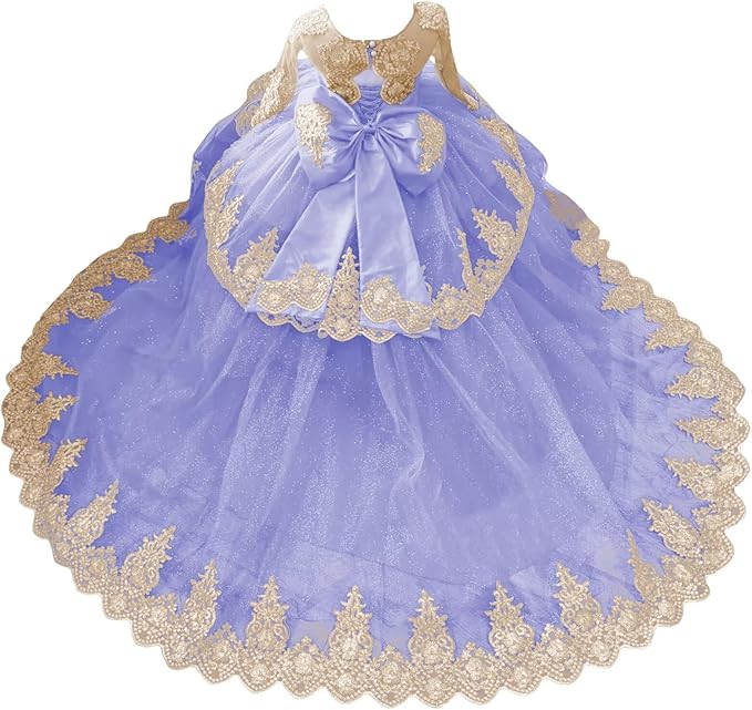 Lavender / 18m Sunnypetal Luxury Gold Lace Appliqué Tulle Ball Gown Flower Girl Dress with Royal Train