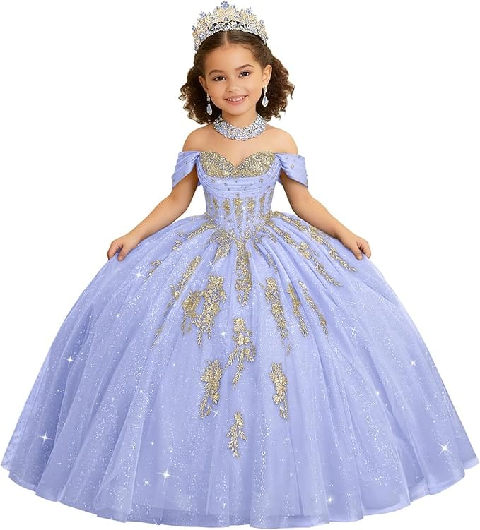 Lavender / 18m Sunnypetal Luxury Off-Shoulder Gold Lace Applique Princess Flower Girl Ball Gown Dress