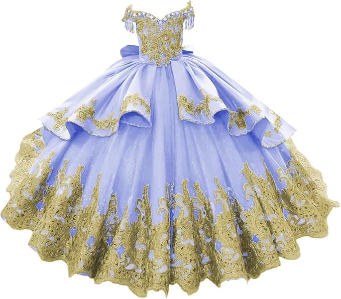 Lavender / 18m Sunnypetal Luxury Royal Blue Off-Shoulder Ball Gown Flower Girl Dress with Gold Embroidery