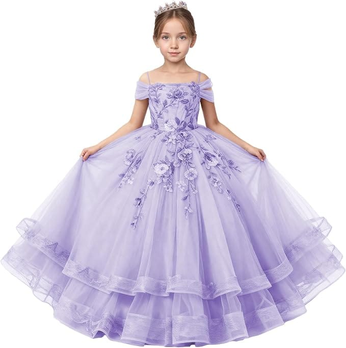 Lavender / 18m Sunnypetal Off-Shoulder Floral Appliqué Tulle Flower Girl Dress for Special Occasions