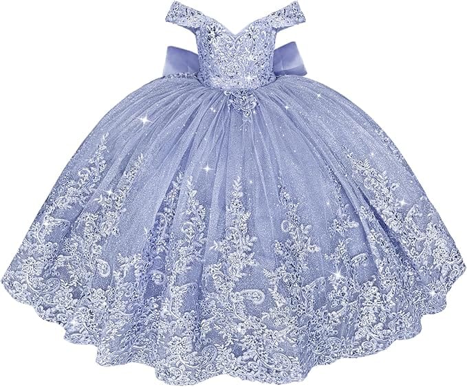 Lavender / 18m Sunnypetal Off Shoulder Sweetheart Lace Tulle Flower Girl Pageant Dress with Bow