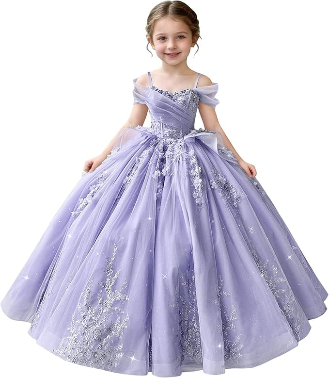Lavender / 18m Sunnypetal Off-Shoulderl 3D Lace Appliqué Tiered Ruffle Flower Girl Dress for Pageant