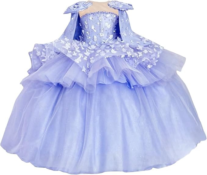 Lavender / 18m Sunnypetal Princess Pink Tulle Ball Gown Flower Girl Dress with Butterfly Appliqués and Cape