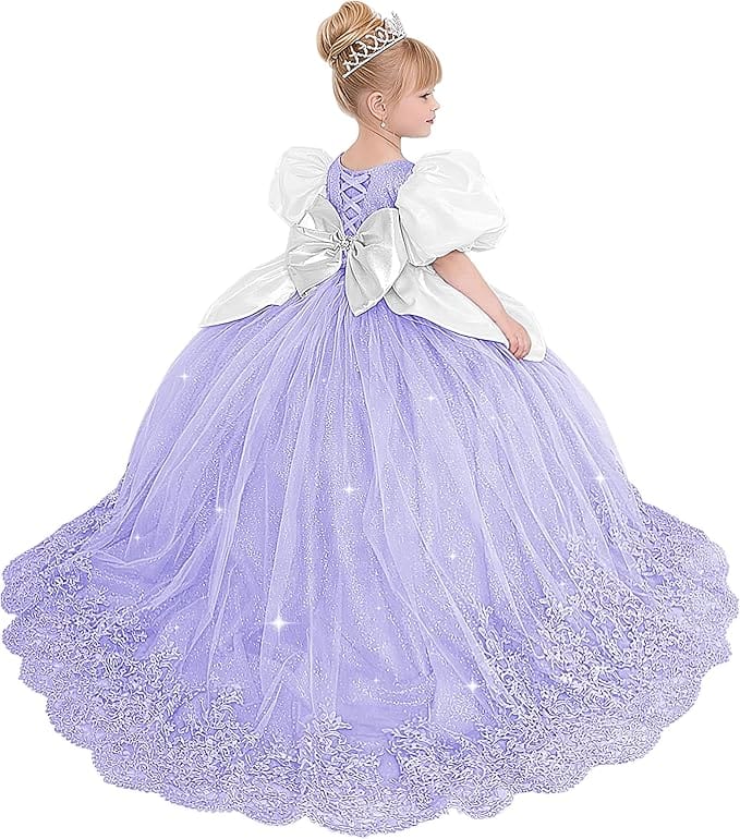 Lavender / 18m Sunnypetal Princess Sky Blue Tulle Lace Flower Girl Dress with Bow and Puff Sleeves