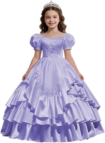 Lavender / 18m Sunnypetal Satin Sweetheart Neck Puffy Sleeve Lace Applique Princess Flower Girl Dress