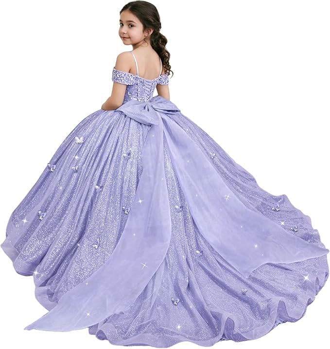 Lavender / 18m Sunnypetal Sparkling Off-Shoulder Glitter Tulle Flower Girl Dress with Oversized Bow